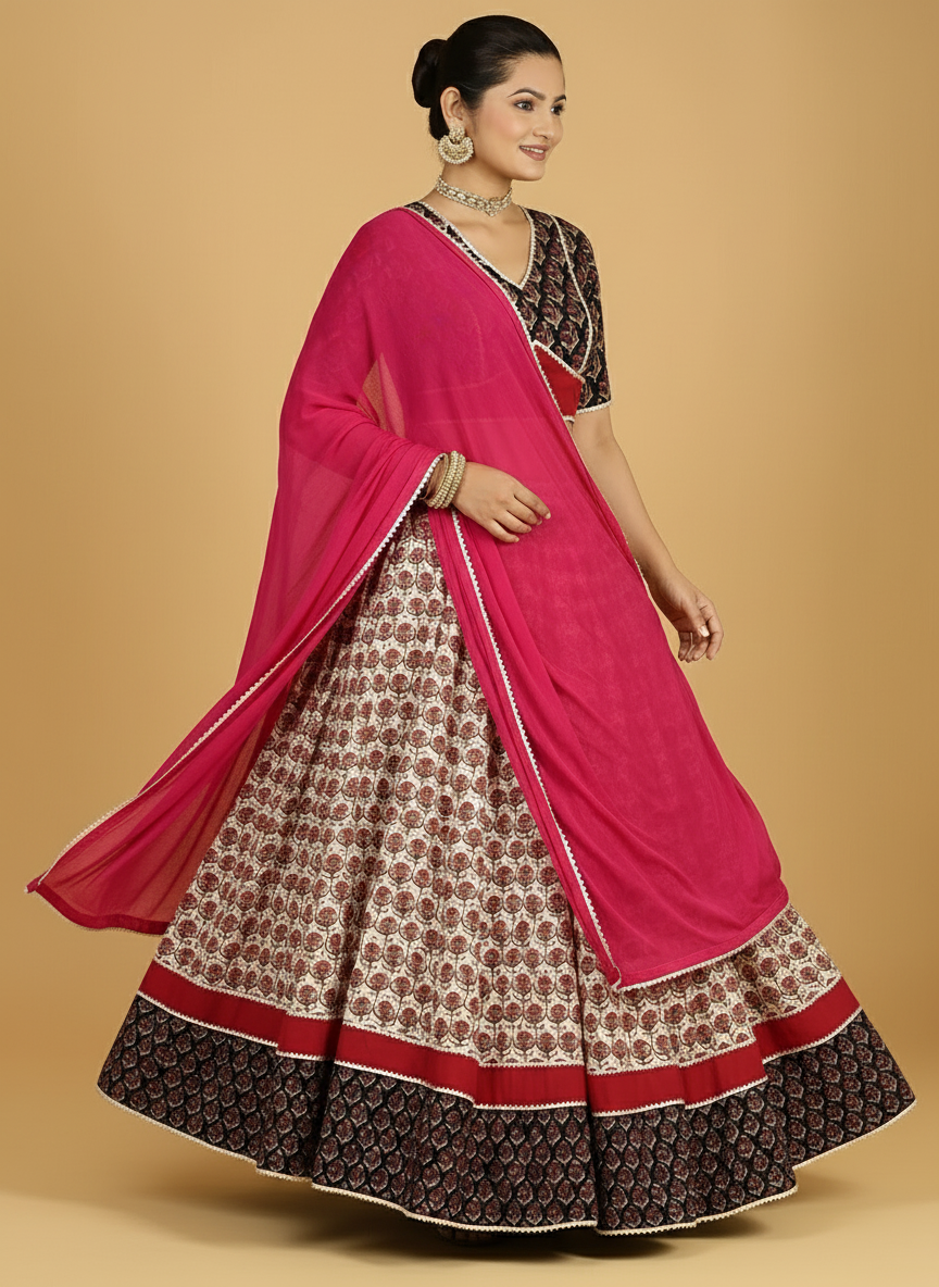 Shringar x Tyohaar Lehenga Set, in Multicolour 100% Cotton - Block Printed, featuring elbow sleeves and v-neckline (view 6).