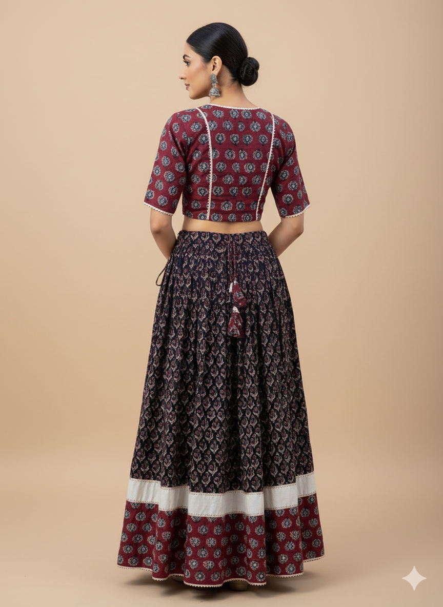 Shubh x Tyohaar Lehenga Set, in Black 100% Cotton - Block Printed, featuring elbow sleeves and v-neckline (view 3).