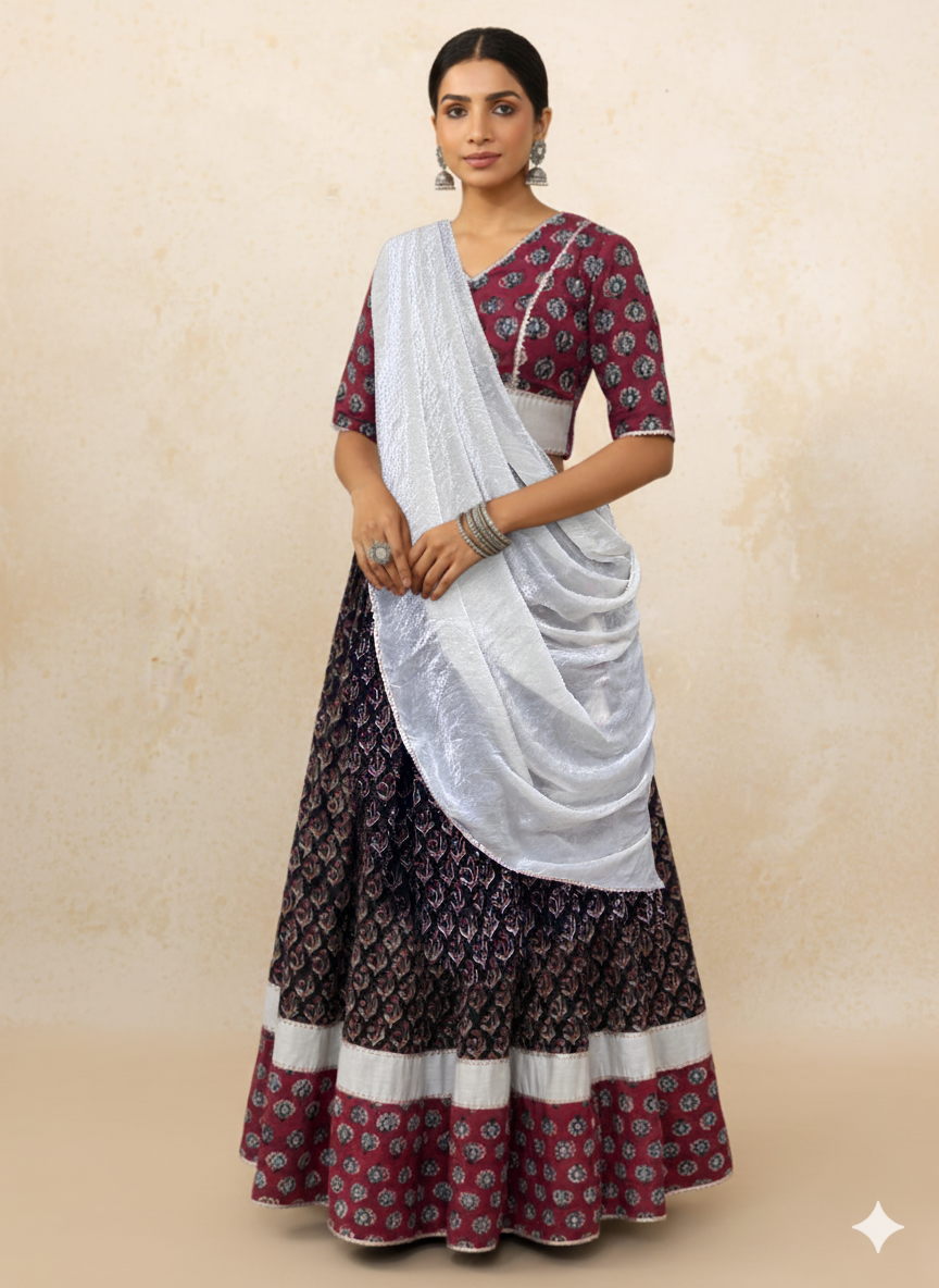 Shubh x Tyohaar Lehenga Set, in Black 100% Cotton - Block Printed, featuring elbow sleeves and v-neckline (view 4).