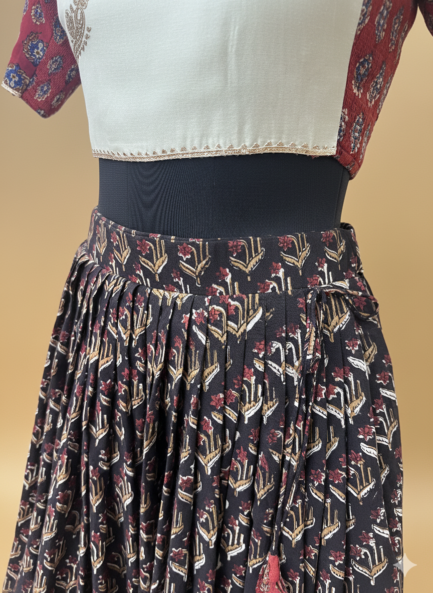 Shubh x Tyohaar Lehenga Set, in Black 100% Cotton - Block Printed, featuring elbow sleeves and v-neckline (view 6).
