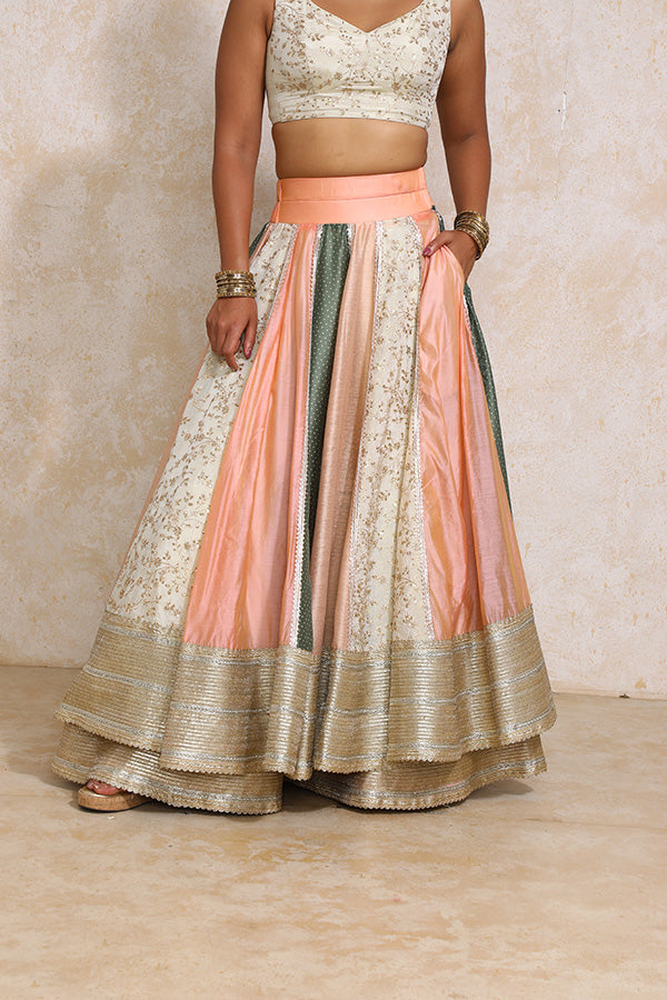 Surayya x Tyohaar Lehenga Set, in Multicolour Chandheri & Tissue Viscose, featuring sleeveless and sweetheart neckline (view 3).