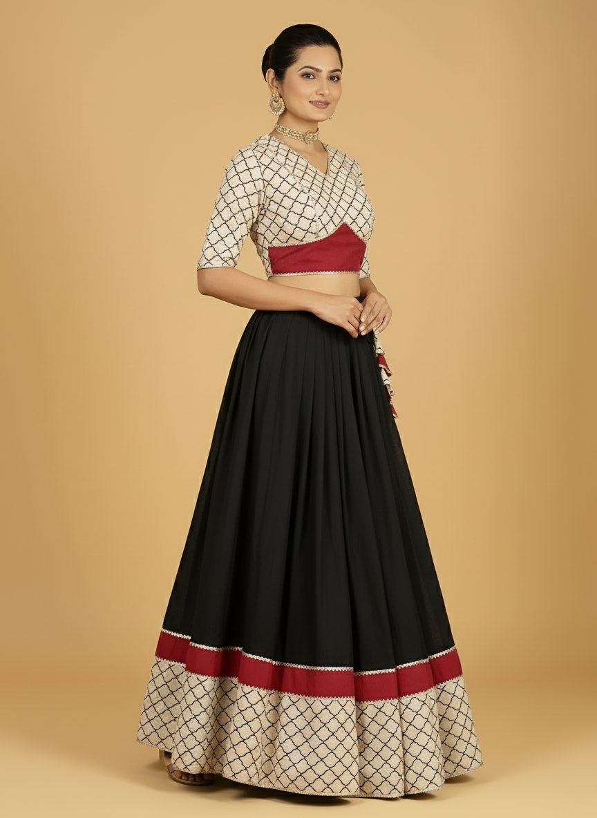Saaj x Tyohaar Lehenga Set, in Black 100% Cotton - Block Printed, featuring elbow sleeves and v-neckline (view 2).
