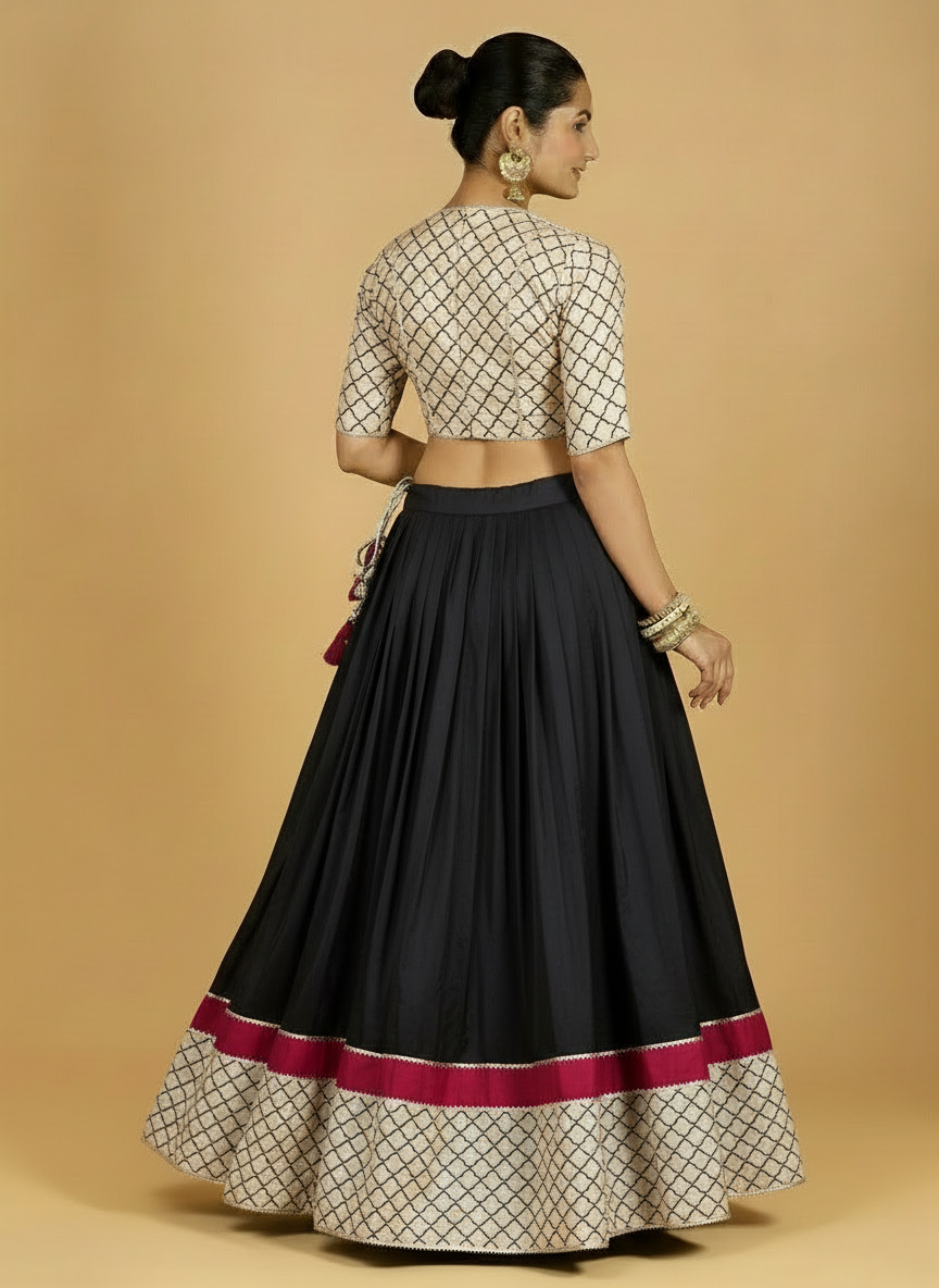 Saaj x Tyohaar Lehenga Set, in Black 100% Cotton - Block Printed, featuring elbow sleeves and v-neckline (view 3).