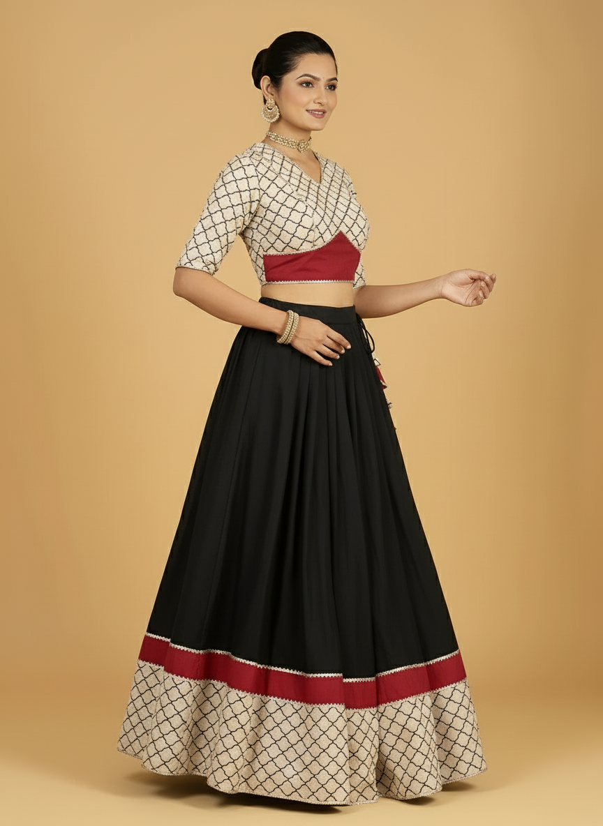Saaj x Tyohaar Lehenga Set, in Black 100% Cotton - Block Printed, featuring elbow sleeves and v-neckline (view 4).