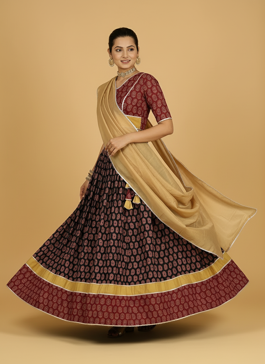 Surmay x Tyohaar | Red, Yellow & Black Handblock Printed FlareFit™ Lehenga Set with Dupatta