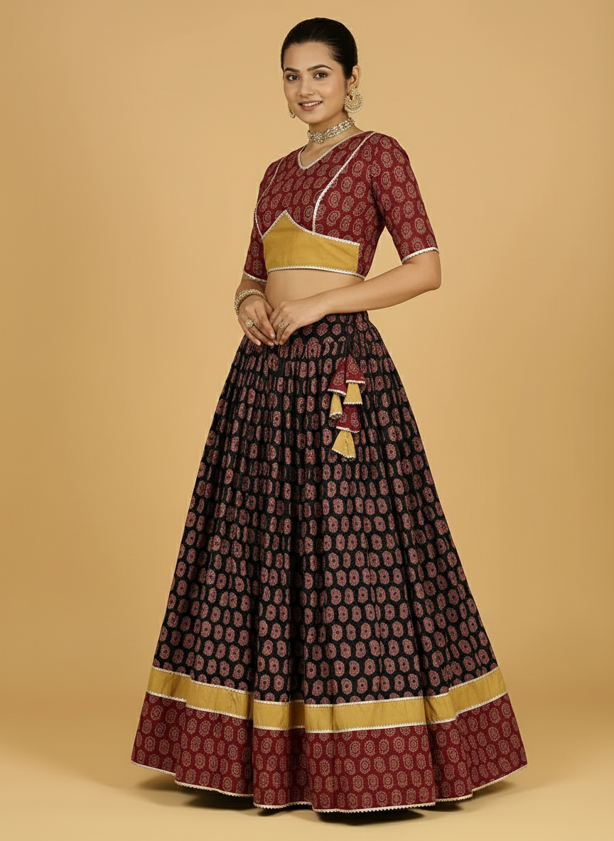 Surmay x Tyohaar Lehenga Set, in Multicolour 100% Cotton - Block Printed, featuring elbow sleeves and v-neckline (view 5).