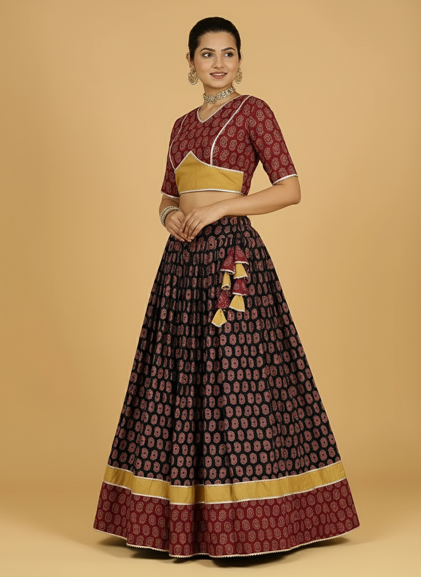 Surmay x Tyohaar Lehenga Set, in Multicolour 100% Cotton - Block Printed, featuring elbow sleeves and v-neckline (view 6).