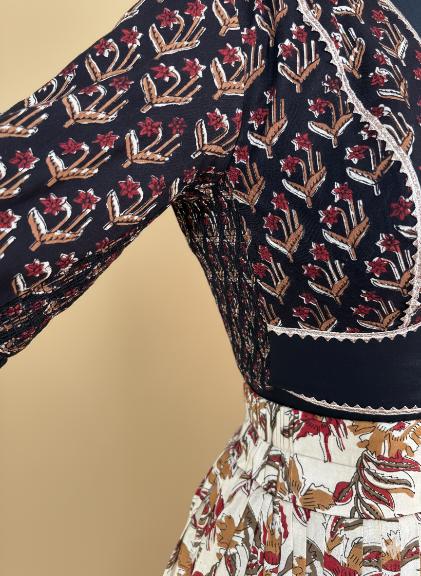 Vilas x Tyohaar Lehenga Set, in Black 100% Cotton - Block Printed, featuring elbow sleeves and v-neckline (view 7).