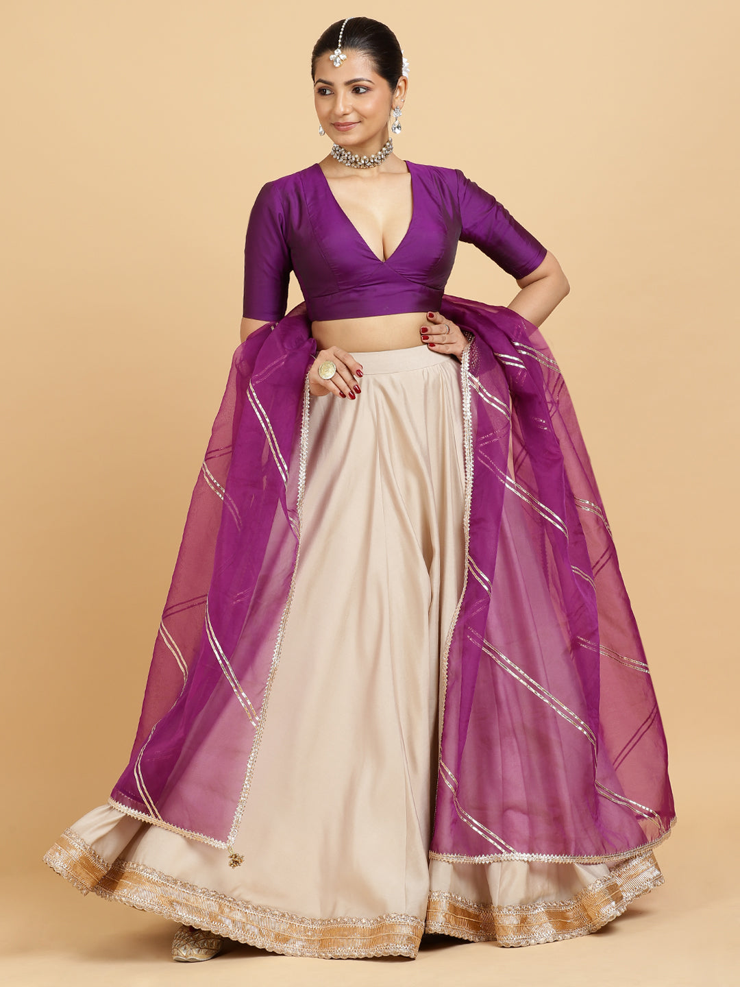 Zainab Zeenat 4-Pc Lehenga Set x Tyohaar, in Beige, featuring elbow sleeves and v-neckline, made for party & festive (view 2).