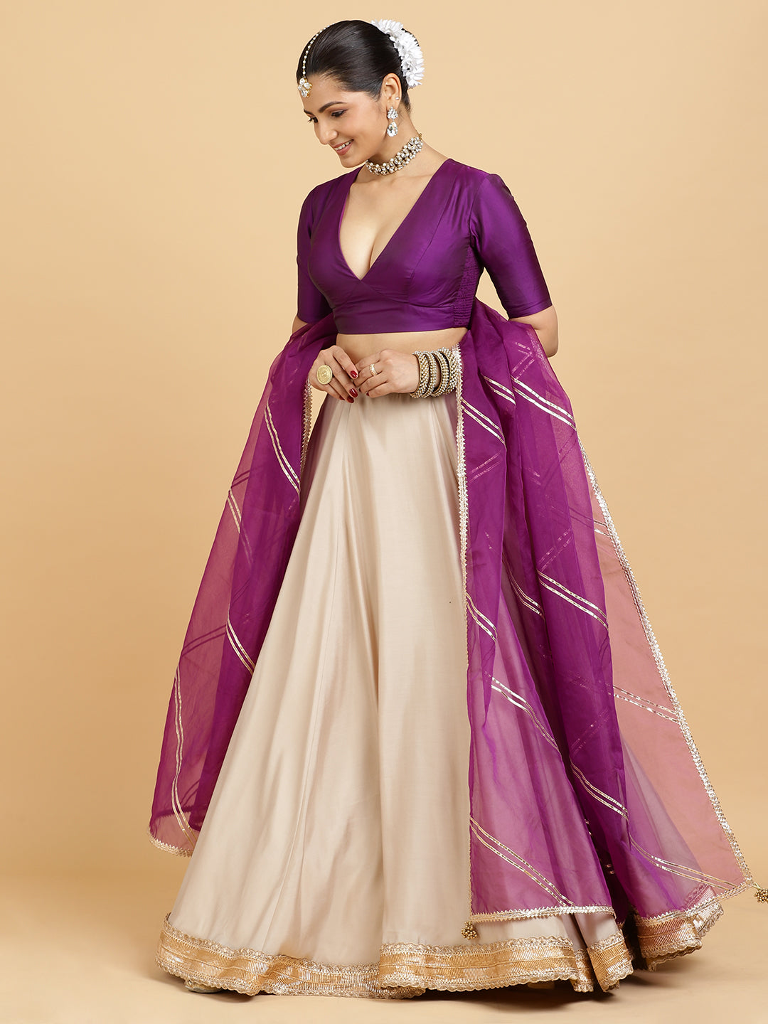 Zainab Zeenat 4-Pc Lehenga Set x Tyohaar, in Beige, featuring elbow sleeves and v-neckline, made for party & festive (view 5).