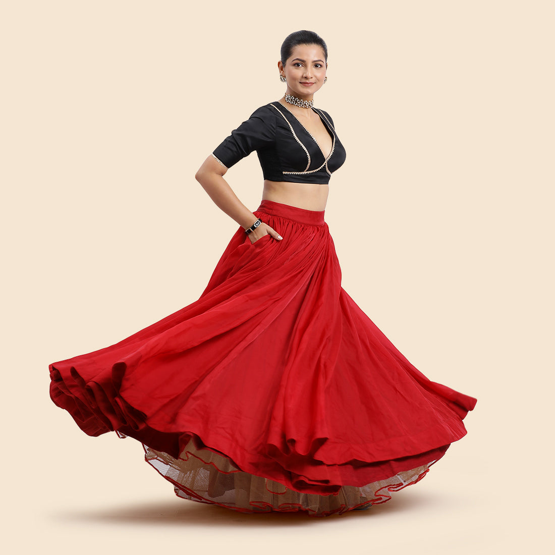 Bahaar x Tyohaar Lehenga Skirt, in Red Viscose Organza, made for party & festive (view 5).