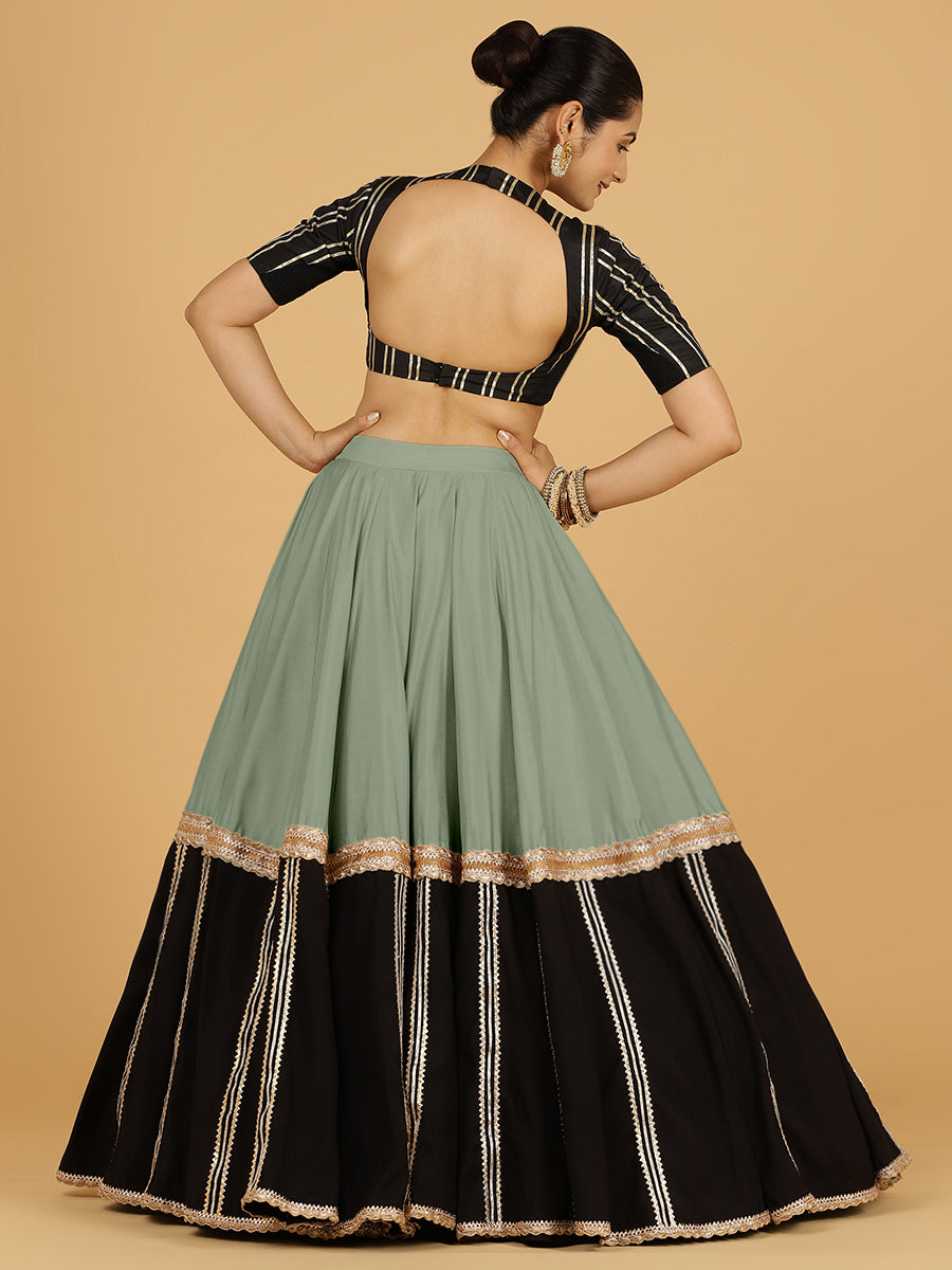 Mastani x Tyohaar Lehenga Skirt, in Green 80% Viscose 20% Polyester, made for party & festive (view 2).
