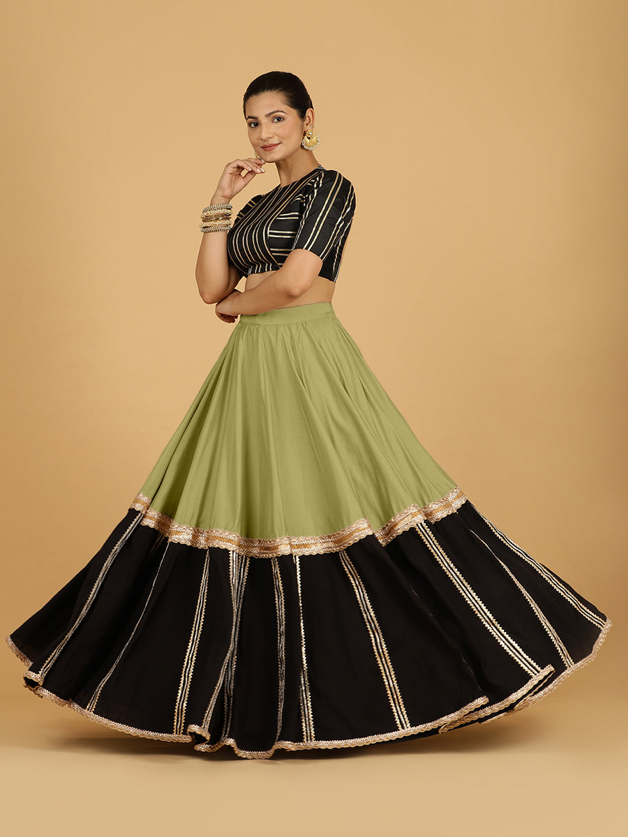 Mastani x Tyohaar Lehenga Skirt, in Green 80% Viscose 20% Polyester, made for party & festive (view 6).