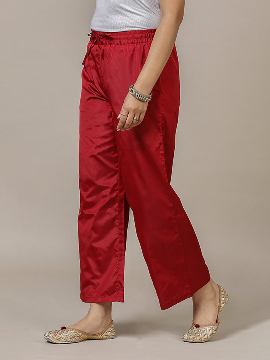 Nyla x Tyohaar Pant/Trousers, in Red Artificial Silk, made for daily & work (view 4).