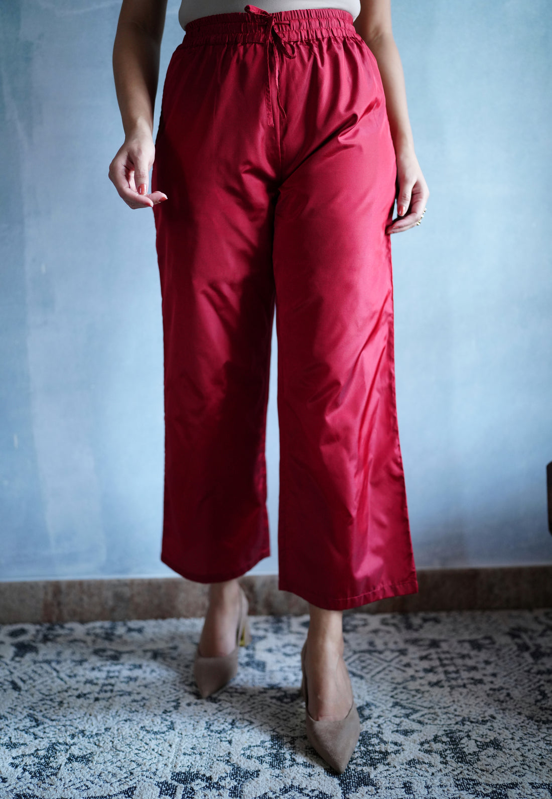 Nyla x Tyohaar Pant/Trousers, in Red Artificial Silk, made for daily & work (view 5).