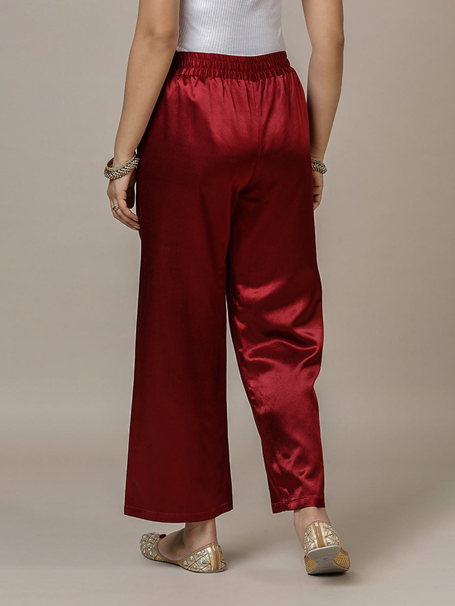 Swara x Tyohaar Pant/Trousers, in Red Mashru Silk, made for daily & work (view 2).
