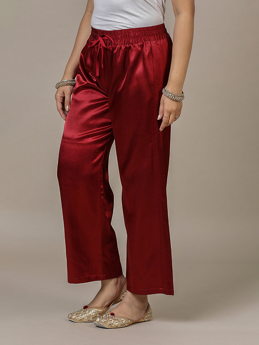 Swara x Tyohaar Pant/Trousers, in Red Mashru Silk, made for daily & work (view 5).
