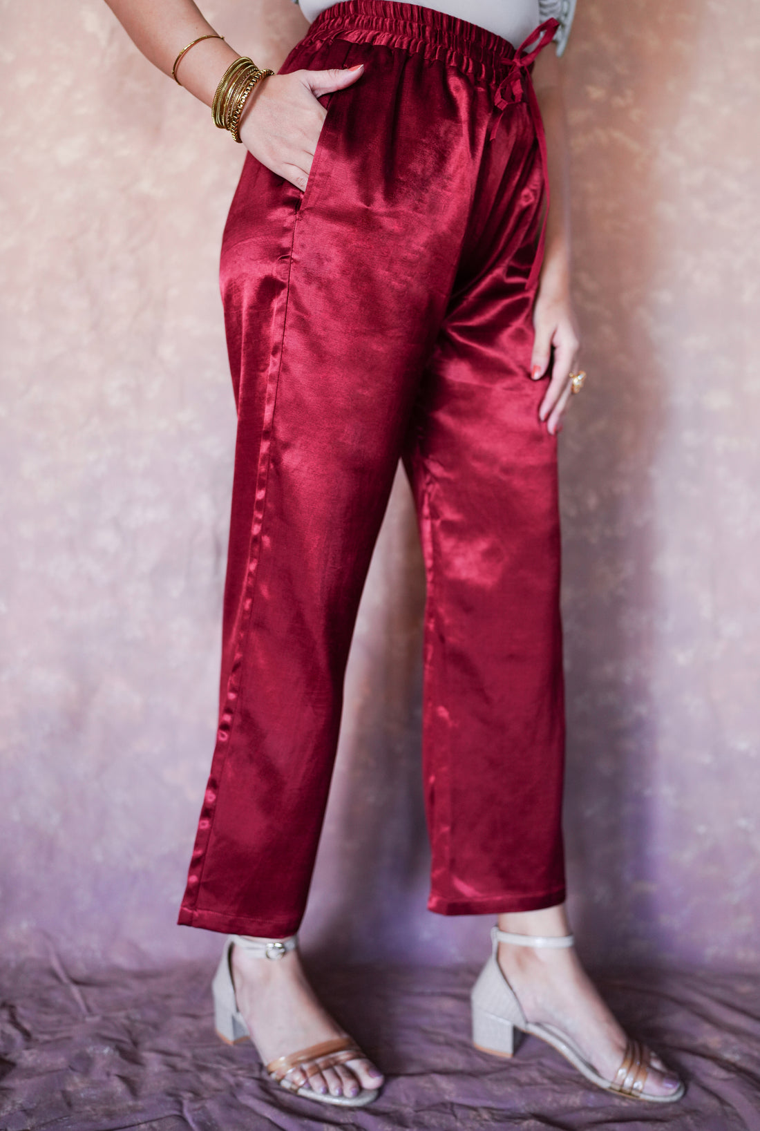 Swara x Tyohaar Pant/Trousers, in Red Mashru Silk, made for daily & work (view 7).