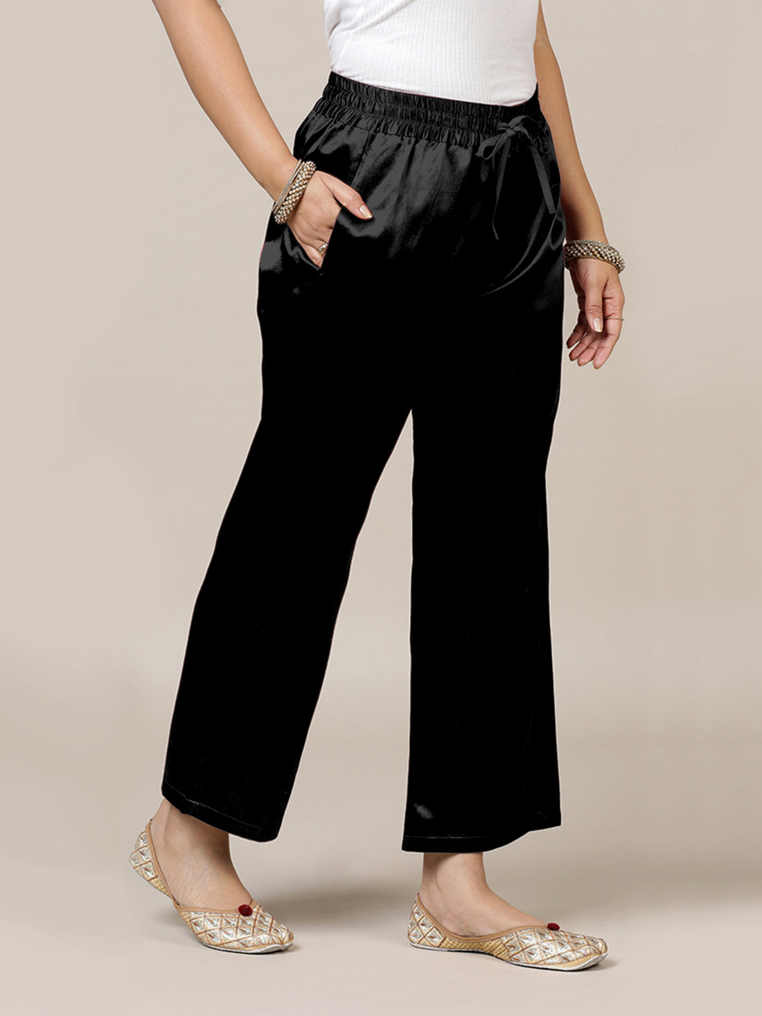 Swara x Tyohaar Pant/Trousers, in Black Mashru Silk, made for daily & work.