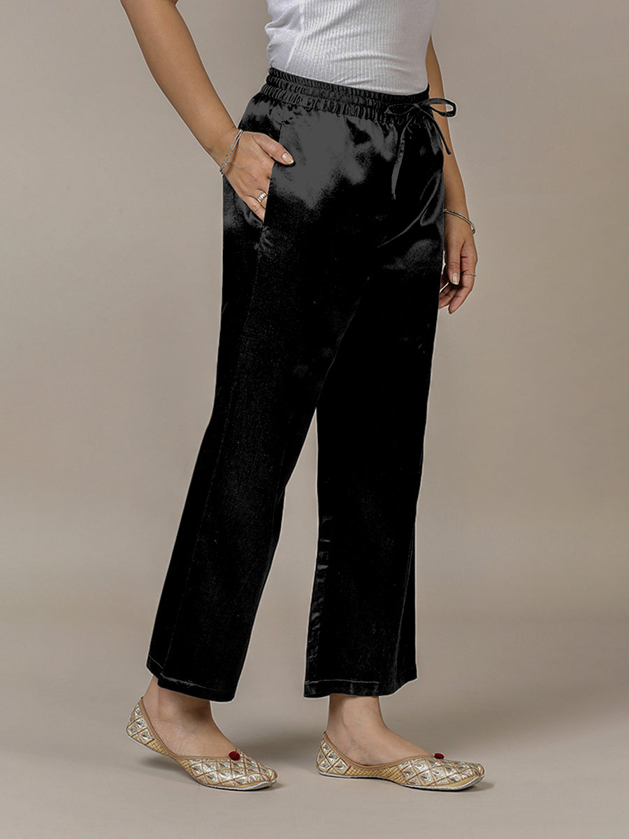 Swara x Tyohaar Pant/Trousers, in Black Mashru Silk, made for daily & work (view 4).