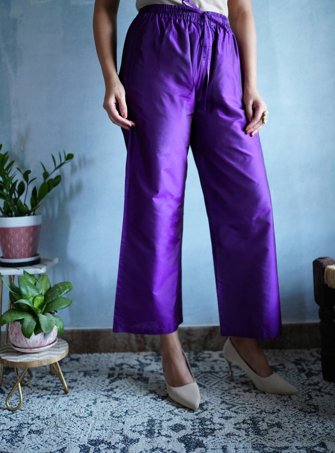 Nyla x Tyohaar Pant/Trousers, in Purple Artificial Silk, made for daily & work (view 6).