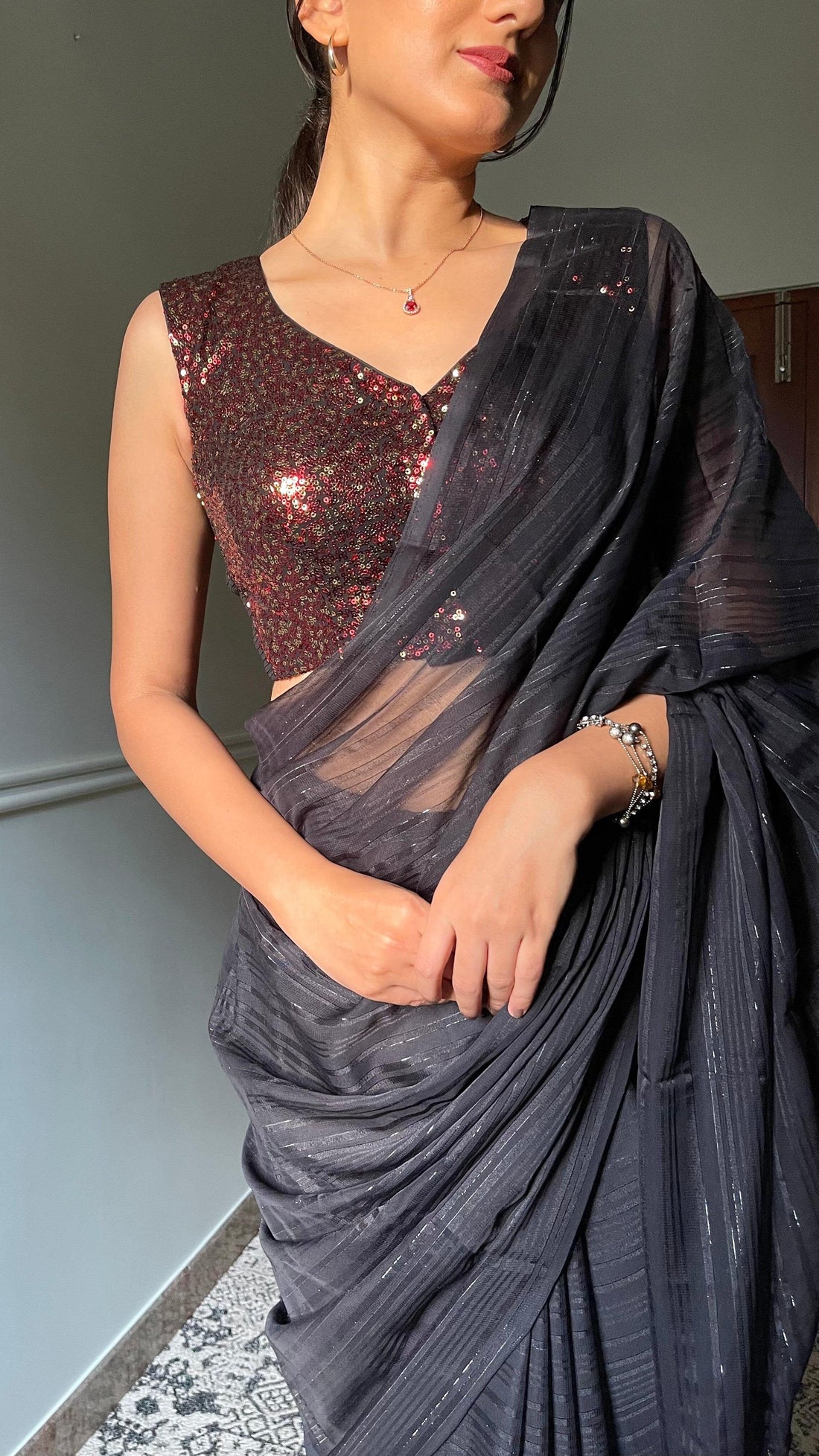 Aadhya x Tyohaar Saree Blouse, in Red Sequin, featuring sleeveless, made for party & festive (view 7).