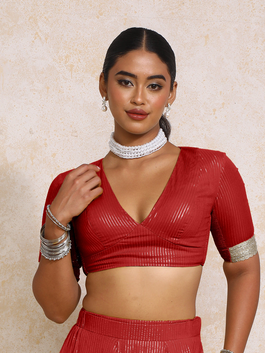 Aaritra x Tyohaar | Elbow Sleeves Red Silver Stripe Cotton Saree Blouse