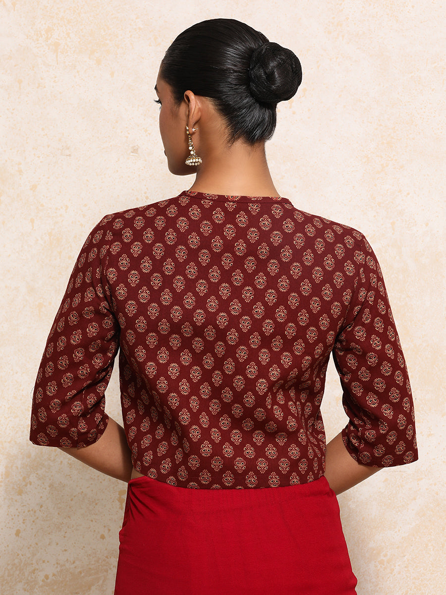 Aarohi x Rozaana Saree Blouse, in Red 100% Cotton - Block Printed, featuring elbow sleeves and jewel neckline (view 2).