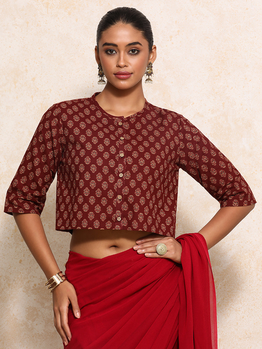 Aarohi x Rozaana Saree Blouse, in Red 100% Cotton - Block Printed, featuring elbow sleeves and jewel neckline (view 6).