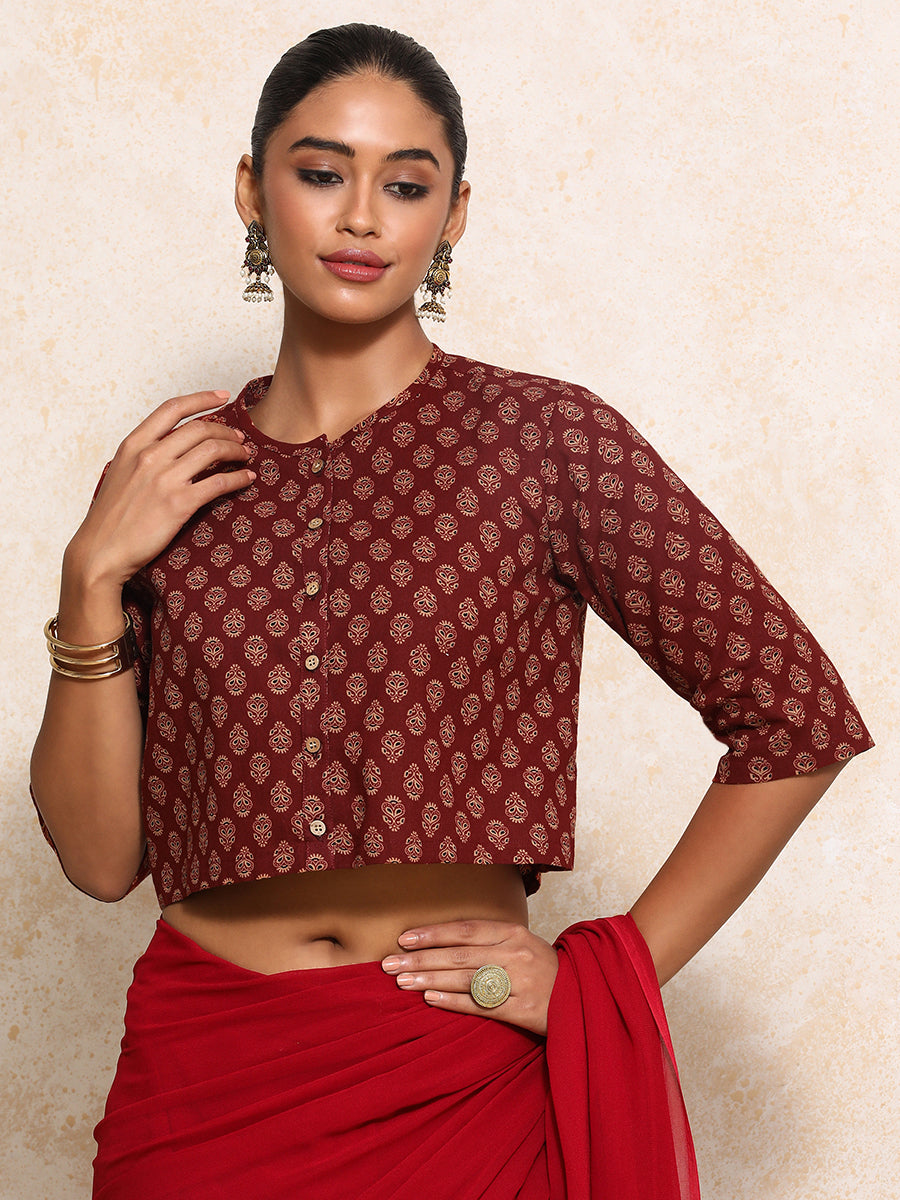 Aarohi x Rozaana Saree Blouse, in Red 100% Cotton - Block Printed, featuring elbow sleeves and jewel neckline (view 7).