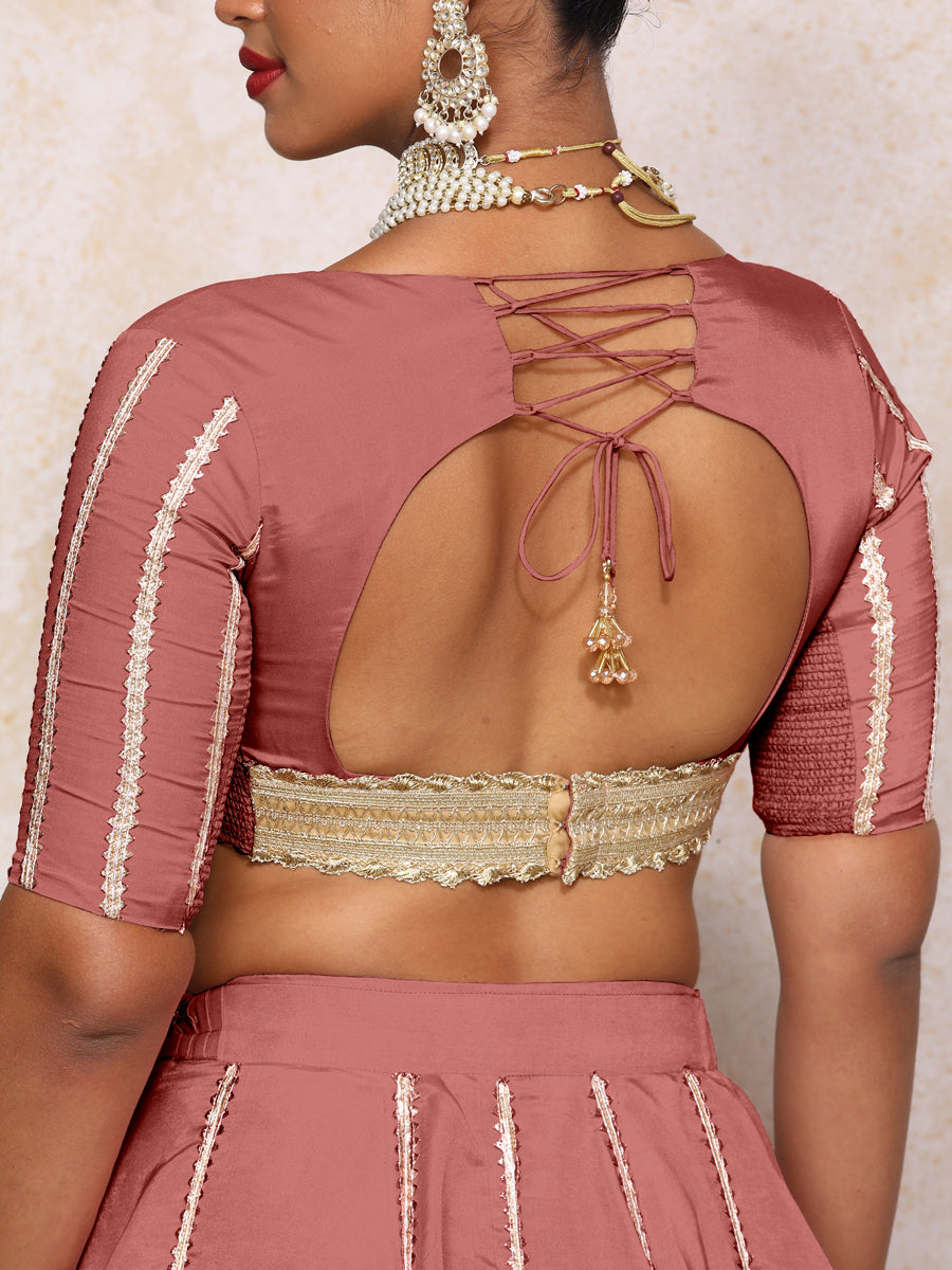 Aashni x Tyohaar Saree Blouse, in Pink Viscose Gold Tissue, featuring elbow sleeves and v-neckline, made for party & festive.