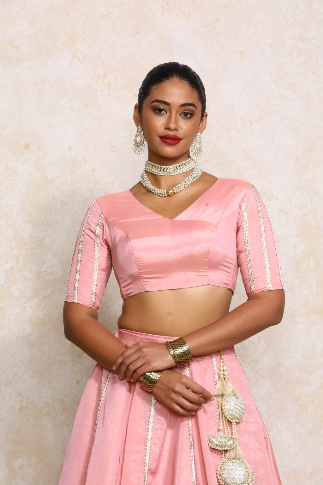 Aashni x Tyohaar Saree Blouse, in Pink Viscose Gold Tissue, featuring elbow sleeves and v-neckline, made for party & festive.