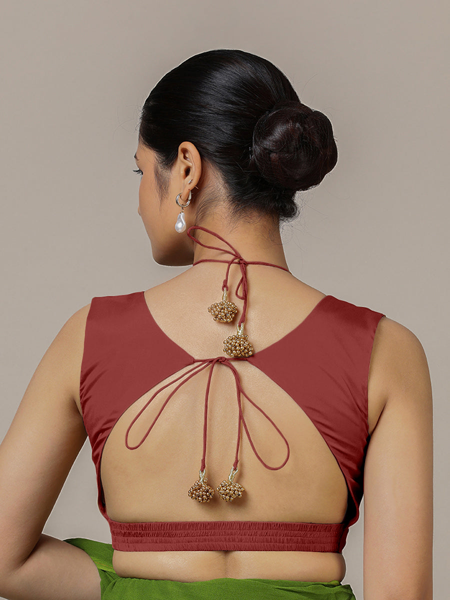 Ahana x Rozaana Saree Blouse, in Red Vegan Silk, featuring sleeveless and tie-up neckline, made for party & festive (view 2).