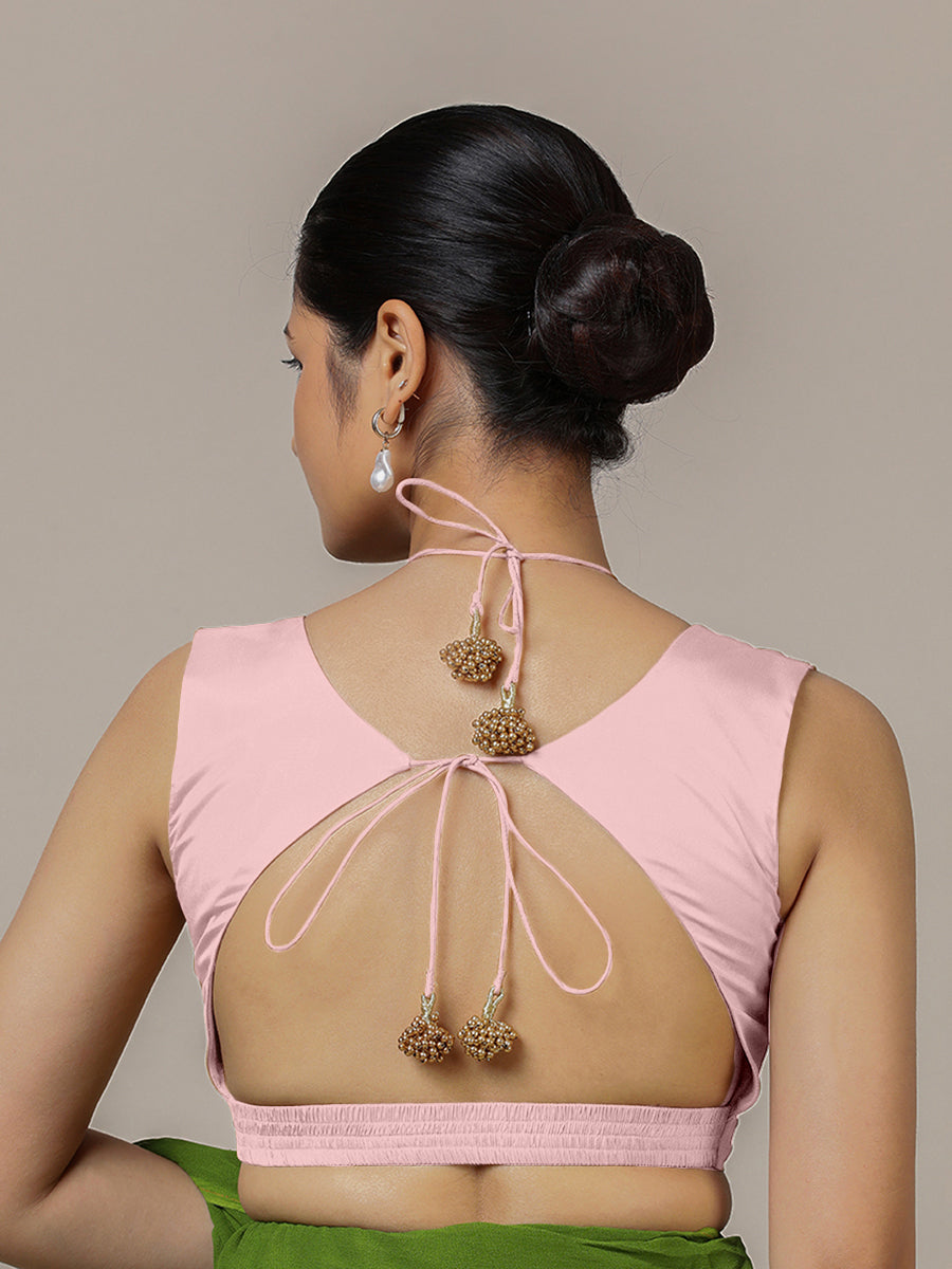 Ahana x Rozaana Saree Blouse, in Pink Artificial Silk, featuring sleeveless and tie-up neckline, made for party & festive.