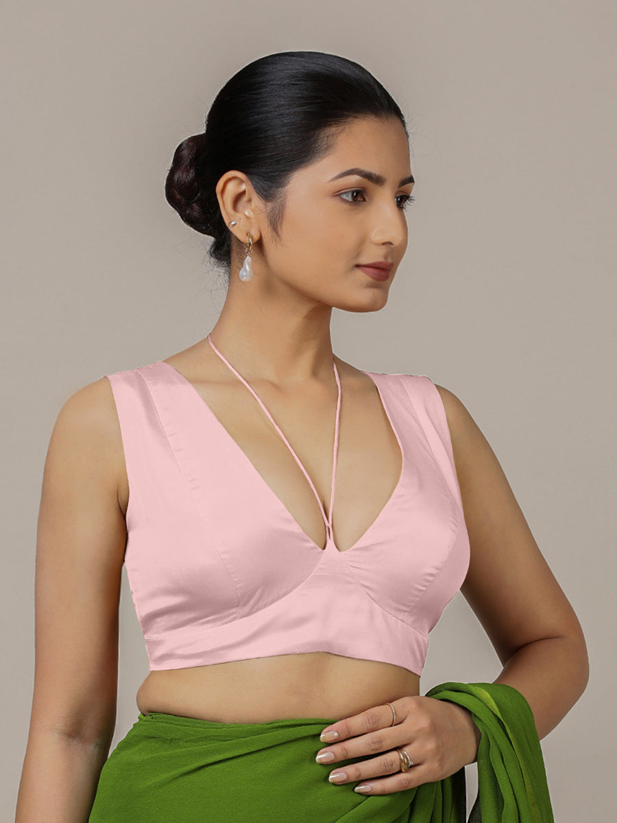 Ahana x Rozaana Saree Blouse, in Pink Artificial Silk, featuring sleeveless and tie-up neckline, made for party & festive.