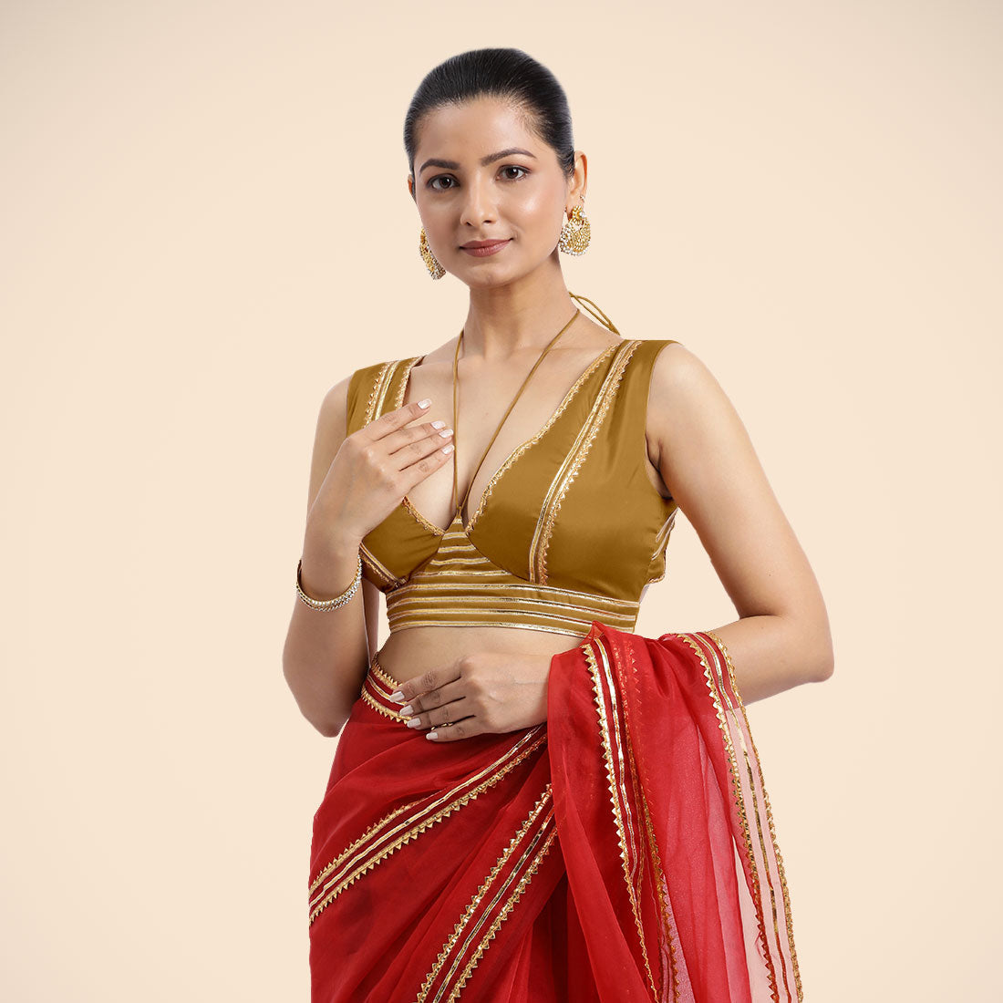 Ahana x Tyohaar Saree Blouse, in Gold Vegan Silk, featuring sleeveless and tie-up neckline, made for party & festive.