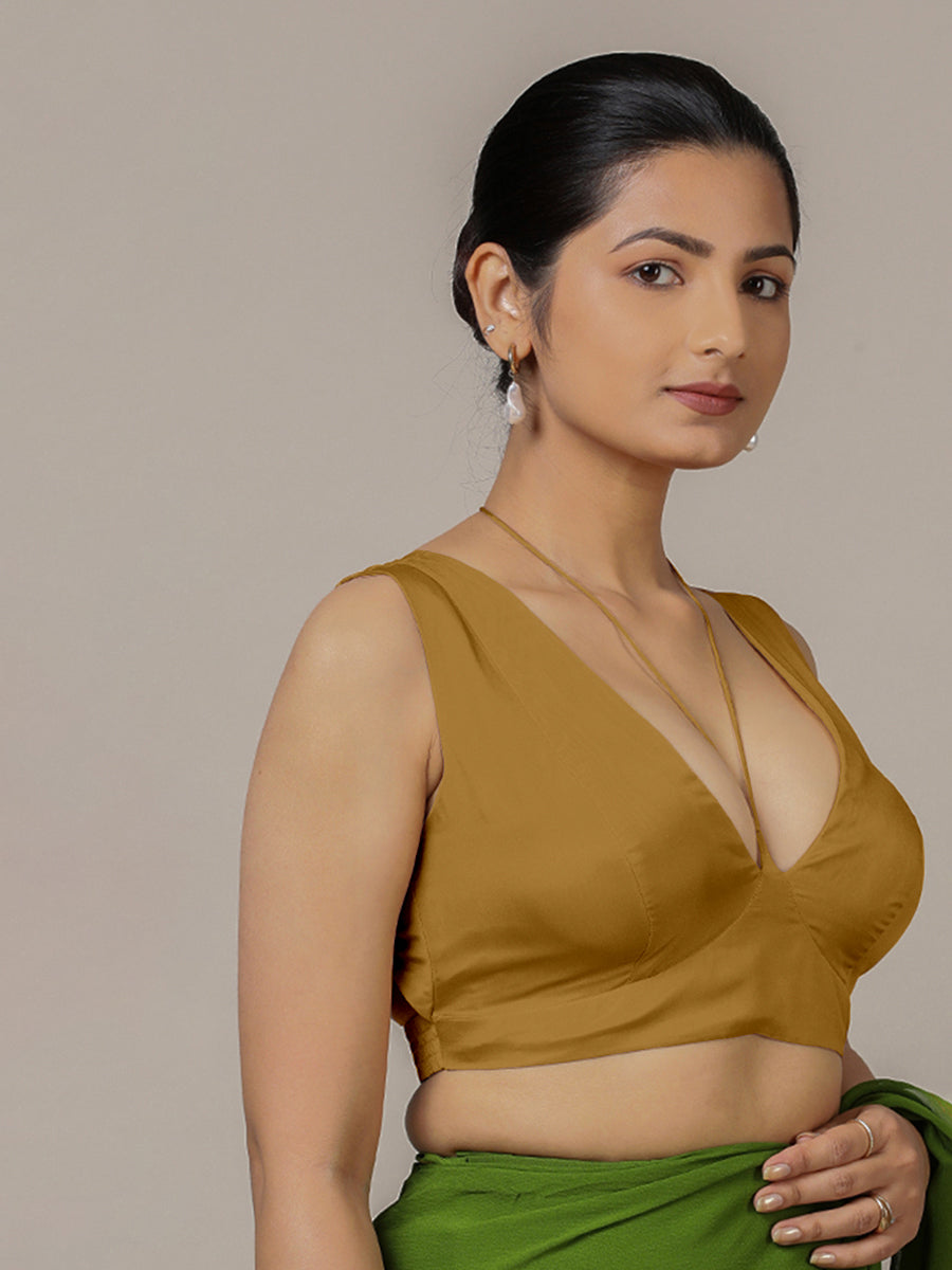 Ahana x Rozaana Saree Blouse, in Gold Vegan Silk, featuring sleeveless and tie-up neckline, made for party & festive (view 4).