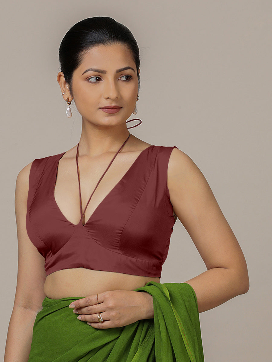 Ahana x Rozaana Saree Blouse, in Maroon Vegan Silk, featuring sleeveless and tie-up neckline, made for party & festive (view 3).