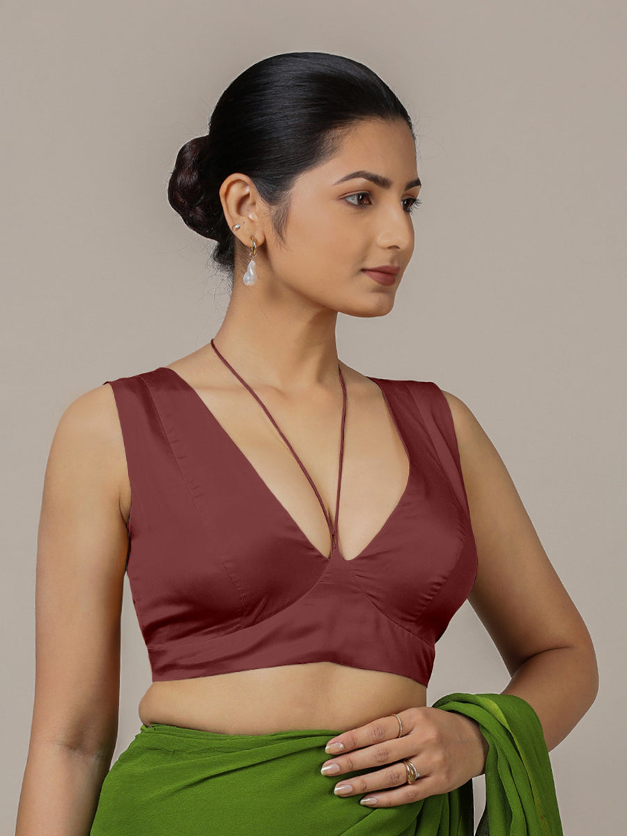 Ahana x Rozaana Saree Blouse, in Maroon Vegan Silk, featuring sleeveless and tie-up neckline, made for party & festive (view 5).