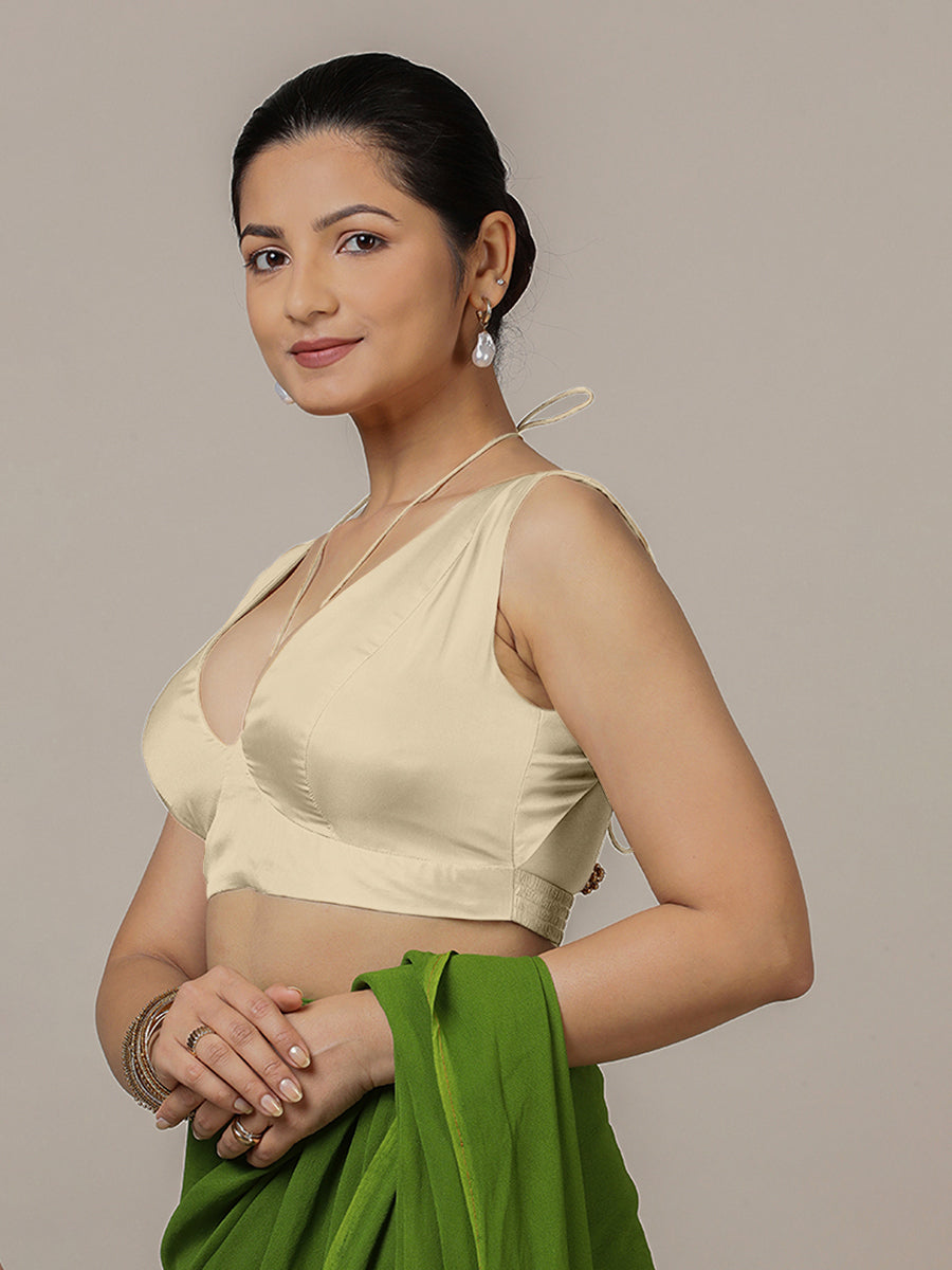 Ahana x Rozaana Saree Blouse, in Cream Vegan Silk, featuring sleeveless and tie-up neckline, made for party & festive (view 4).