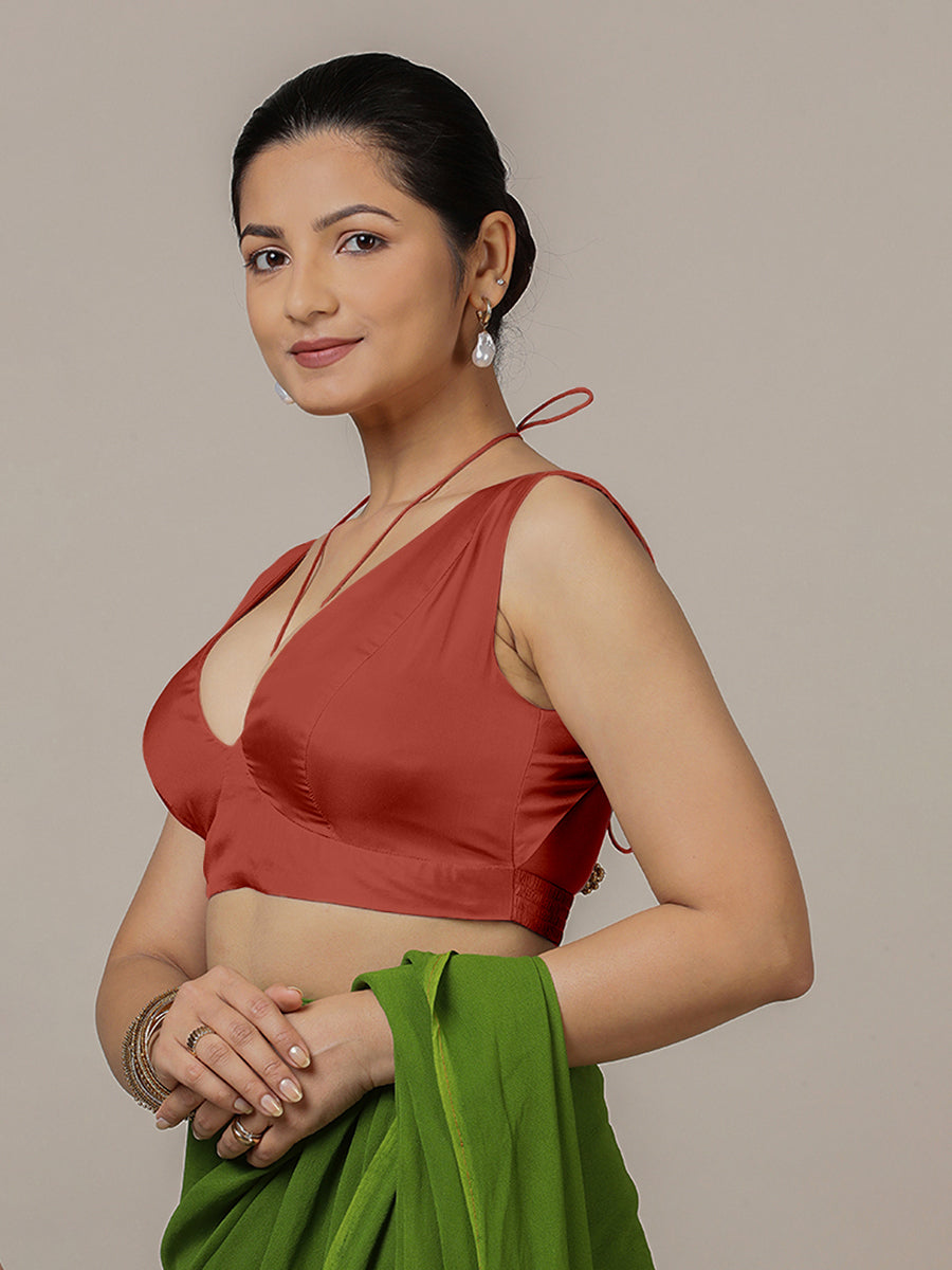Ahana x Rozaana | Crimson Red Sleeveless FlexiFit™ Saree Blouse with Plunging Neckline and Back Cut Out with Tie-up