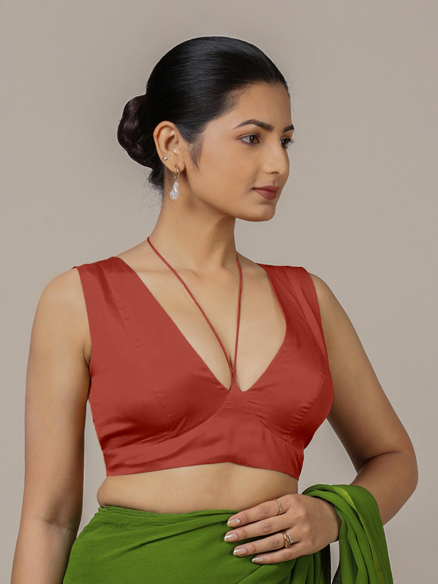 Ahana x Rozaana Saree Blouse, in Red Vegan Silk, featuring sleeveless and tie-up neckline, made for party & festive (view 4).