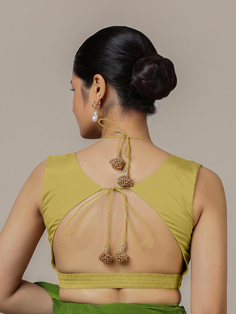 Ahana x Rozaana Saree Blouse, in Yellow Vegan Silk, featuring sleeveless and tie-up neckline, made for party & festive (view 2).