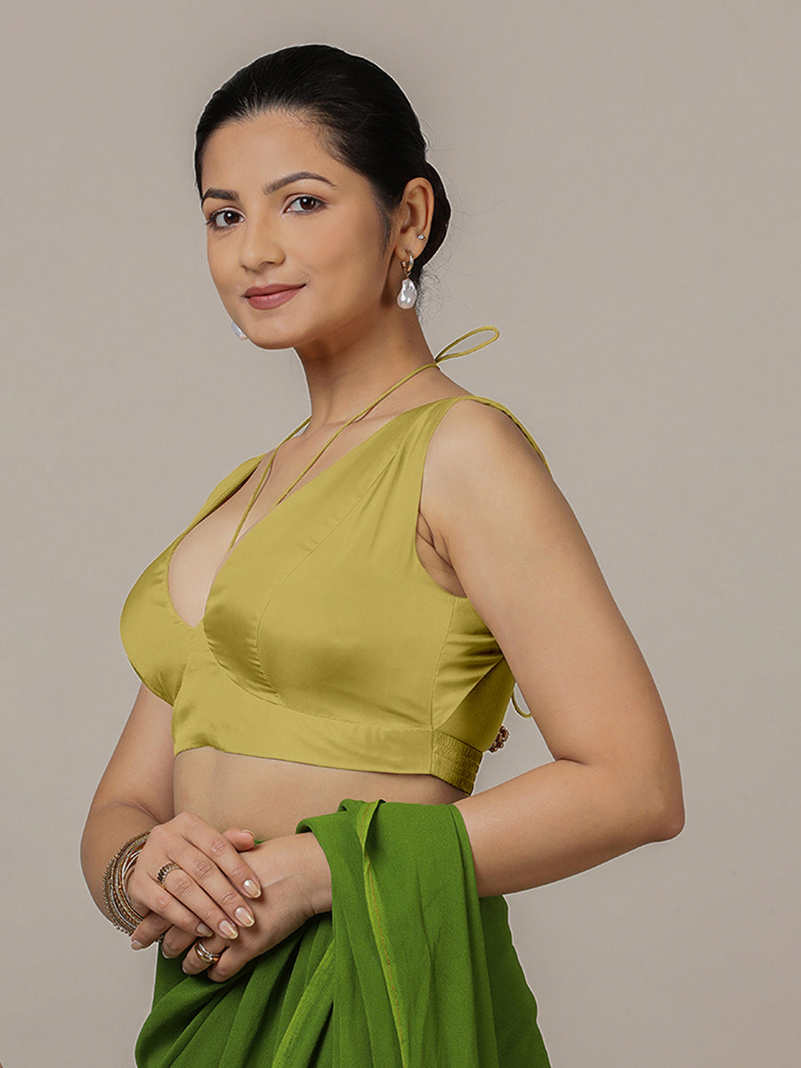 Ahana x Rozaana Saree Blouse, in Yellow Vegan Silk, featuring sleeveless and tie-up neckline, made for party & festive (view 4).