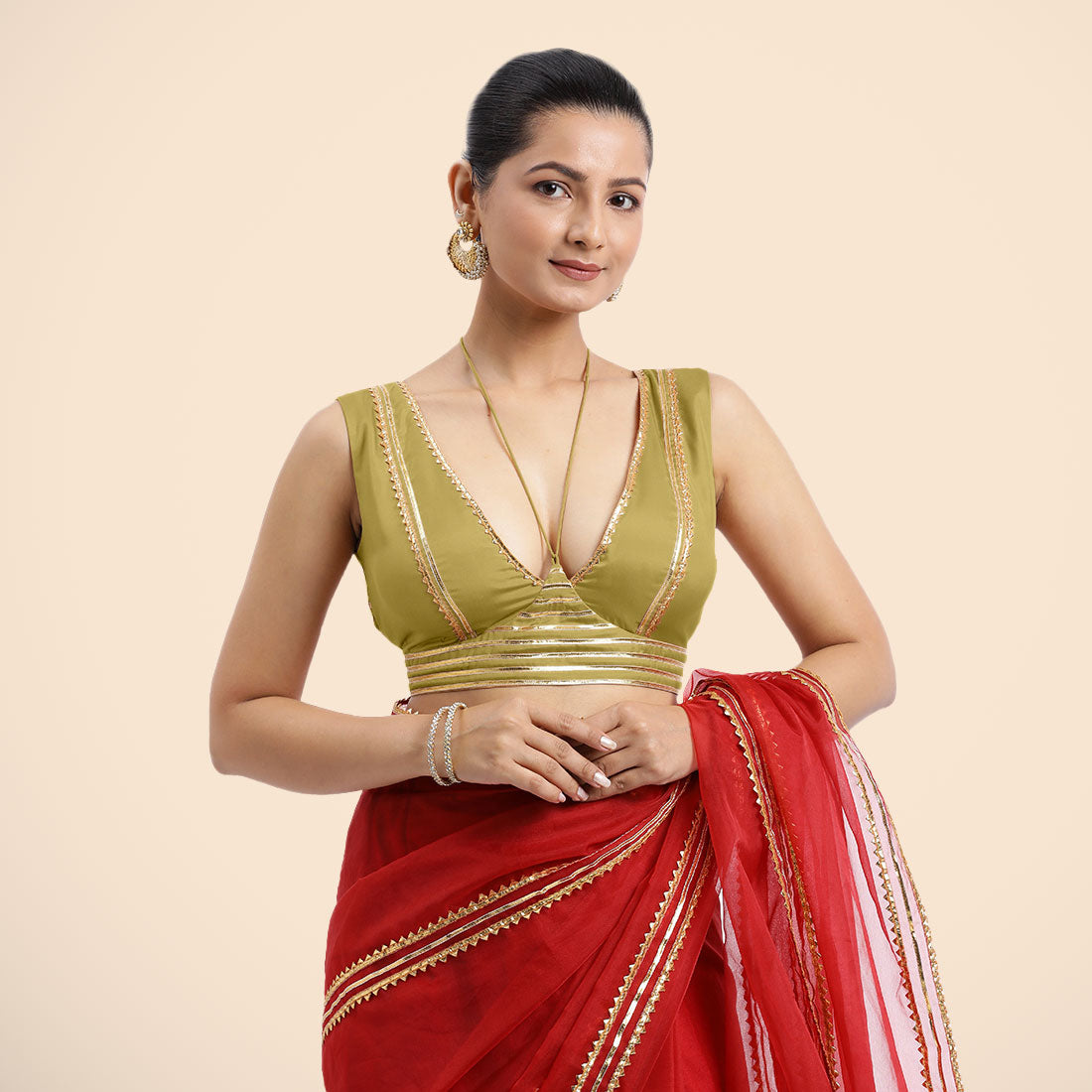 Ahana x Tyohaar Saree Blouse, in Yellow Vegan Silk, featuring sleeveless and tie-up neckline, made for party & festive (view 6).