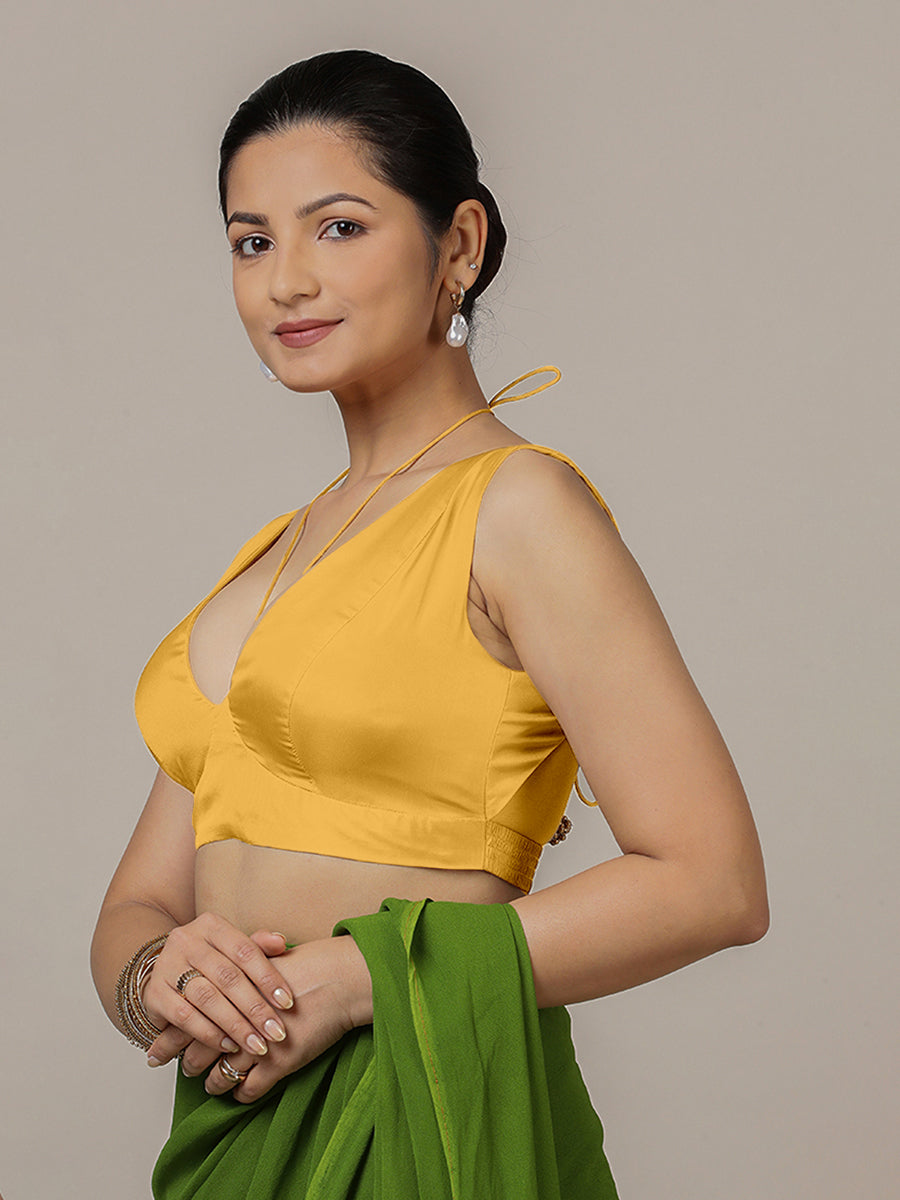 Ahana x Rozaana Saree Blouse, in Yellow Artificial Silk, featuring sleeveless and tie-up neckline, made for party & festive.