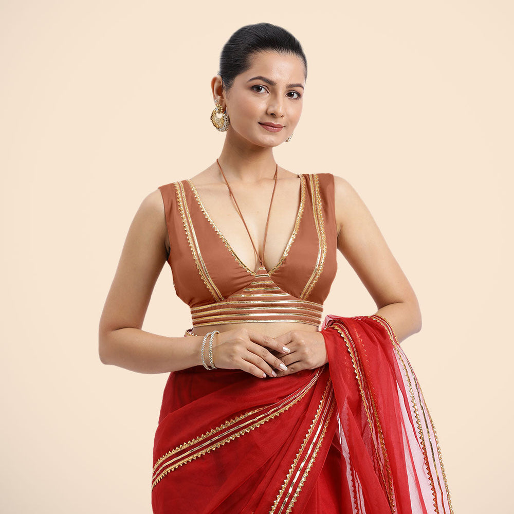 Ahana x Tyohaar | Metallic Copper Sleeveless FlexiFit™ Saree Blouse with Plunging Neckline and Back Cut Out with Tasteful Golden Gota Lace Embellishment