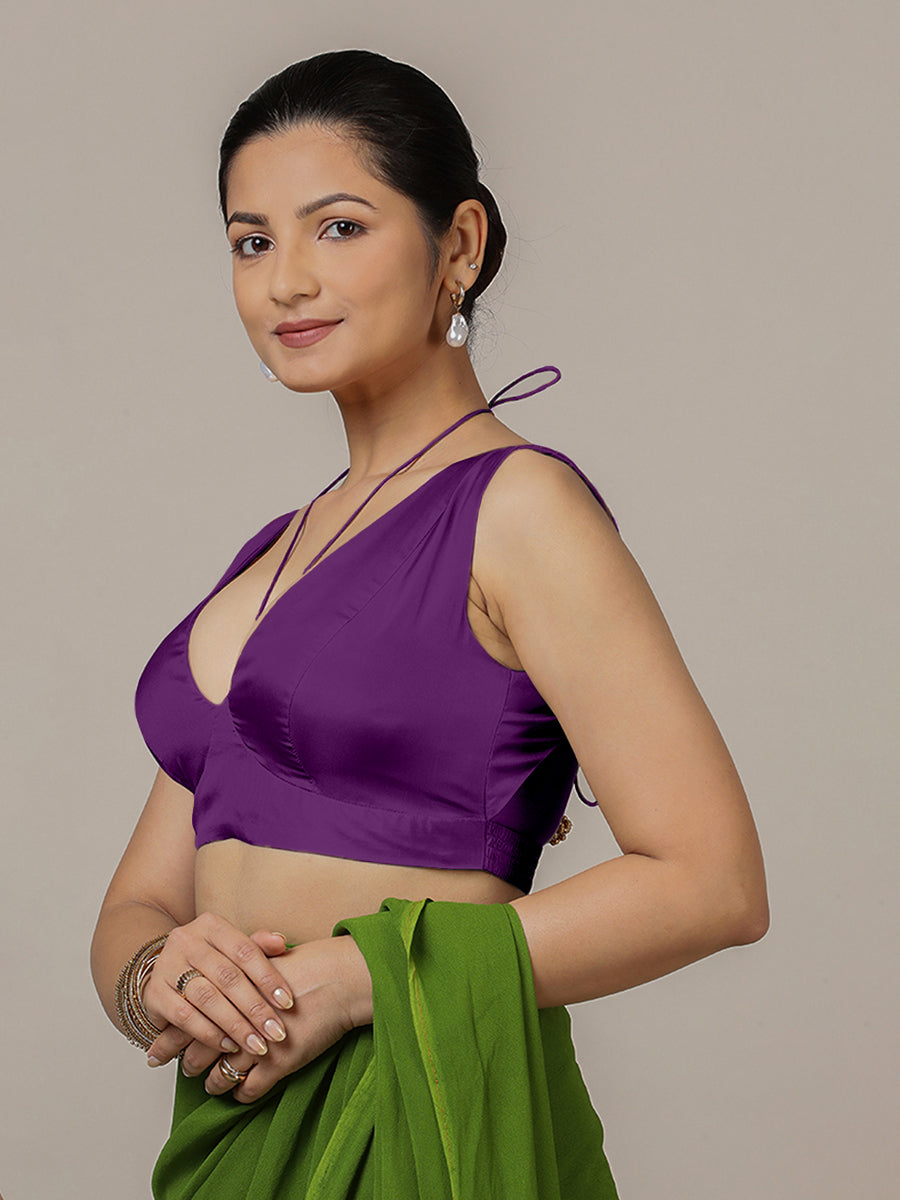 Ahana x Rozaana | Purple Sleeveless FlexiFit™ Saree Blouse with Plunging Neckline and Back Cut Out with Tie-up