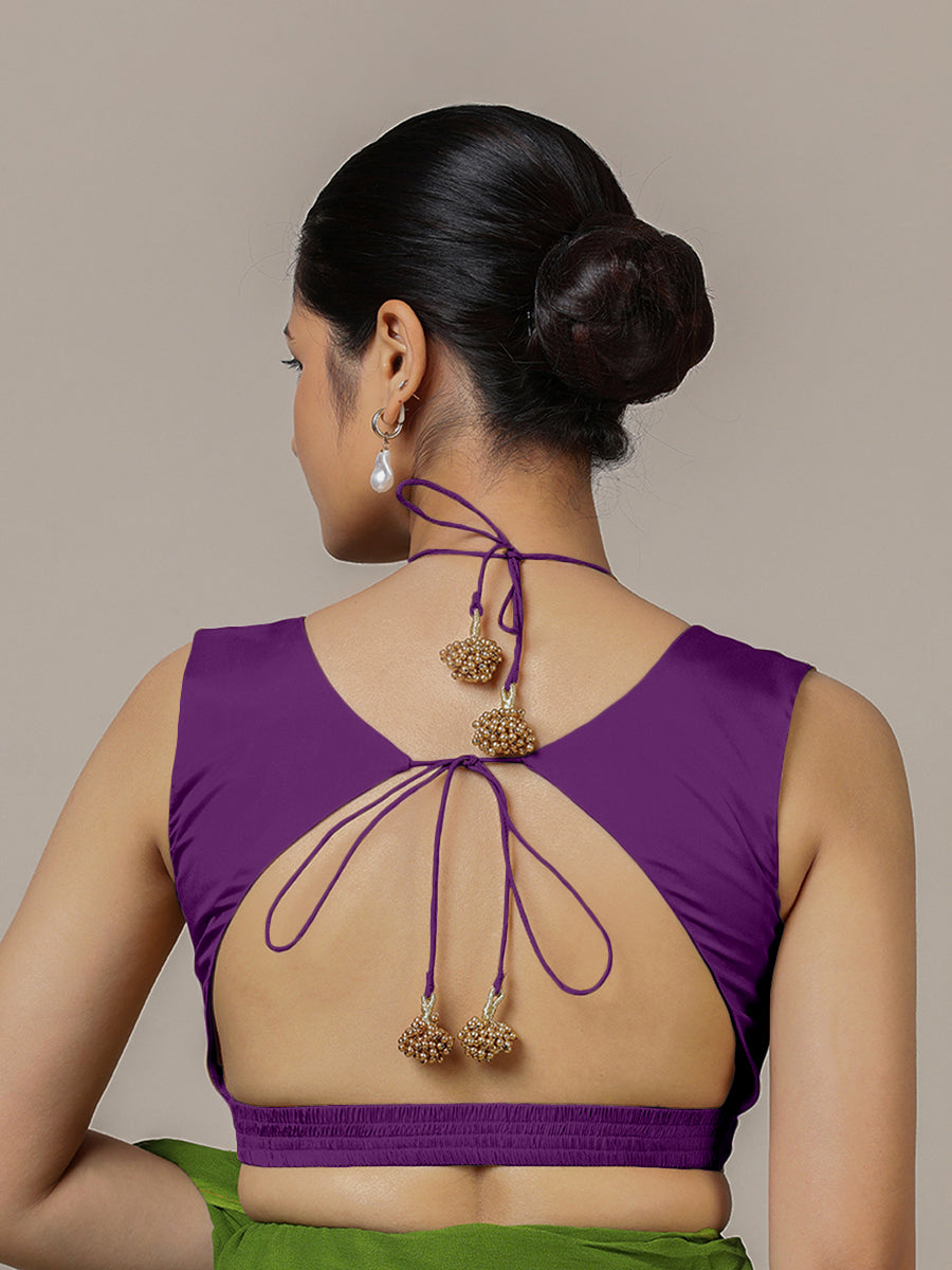 Ahana x Rozaana Saree Blouse, in Purple Vegan Silk, featuring sleeveless and tie-up neckline, made for party & festive (view 2).