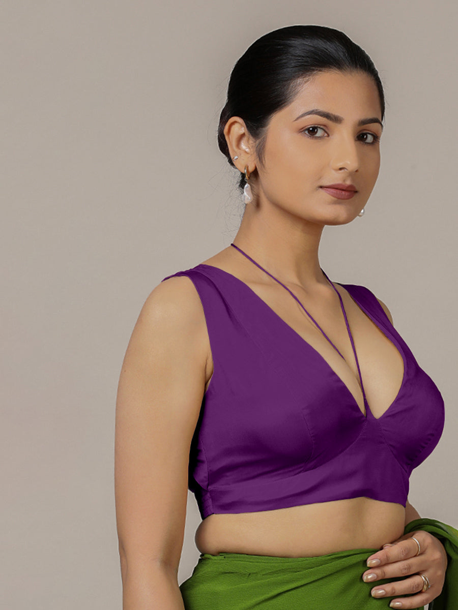 Ahana x Rozaana Saree Blouse, in Purple Vegan Silk, featuring sleeveless and tie-up neckline, made for party & festive (view 4).
